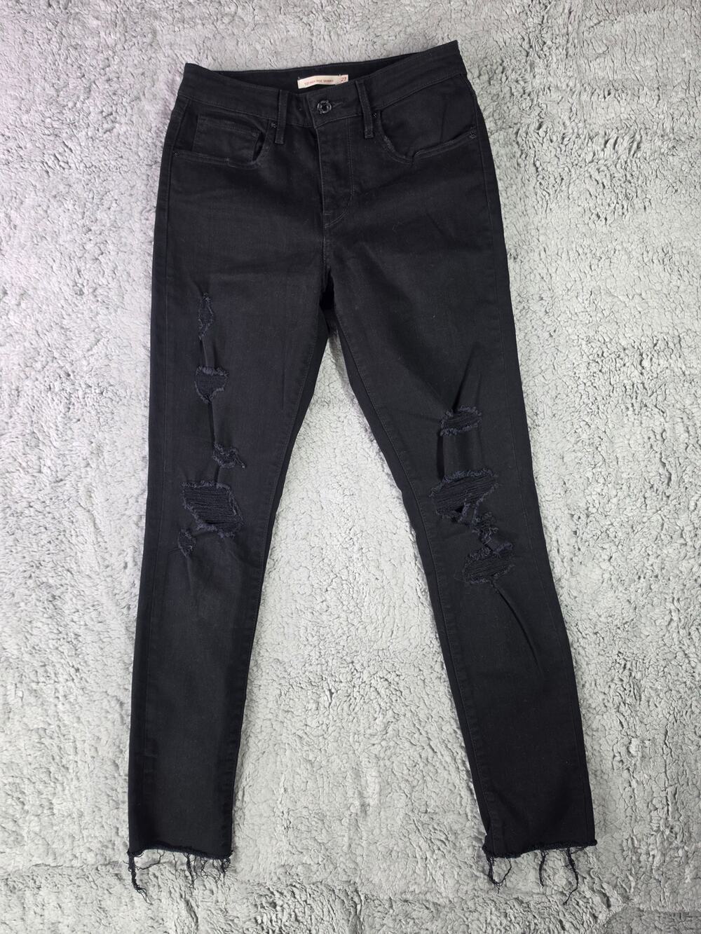 Levis 721 High Rise Skinny Jeans Womens 27 Black Distressed Ripped Raw Hem Denim